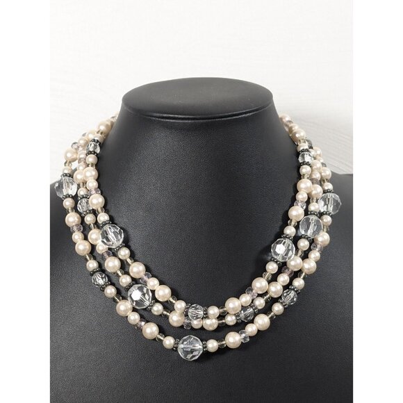 Cookie Lee Jewelry - Cookie Lee White Faux Pearl Layered Convertible Statement Necklace Gray Metallic